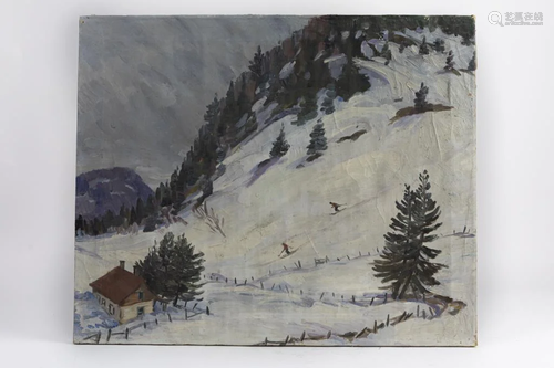 OIL ON CANVAS PAINTING OF SNOW SKIING SCENE