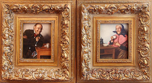 A PAIR OF OIL PAINTINGS ON BOARD OF AN OLD COUPLE