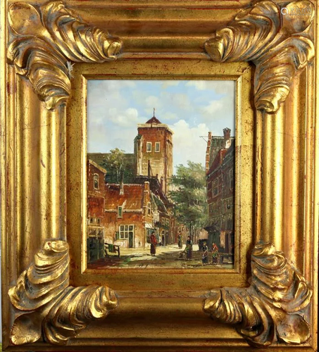 FRAMED OIL ON CANVAS PAINTING OF A SMALL TOWN