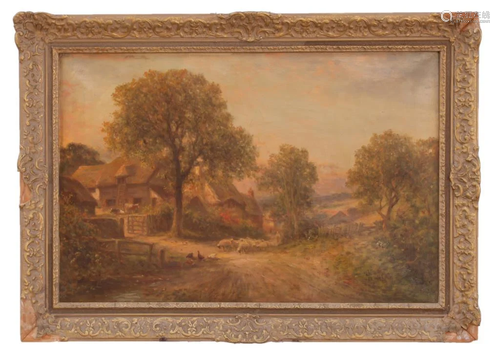 GILTWOOD FRAMED OIL PAINTING ON CANVAS OF A FARM