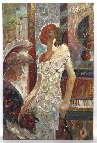 OIL ON CANVAS PAINTING OF A WOMAN AND PIANO