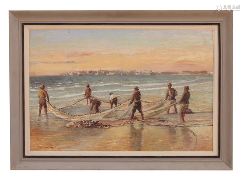 FRAMED OIL PAINTING ON CANVAS OF FISHERMEN