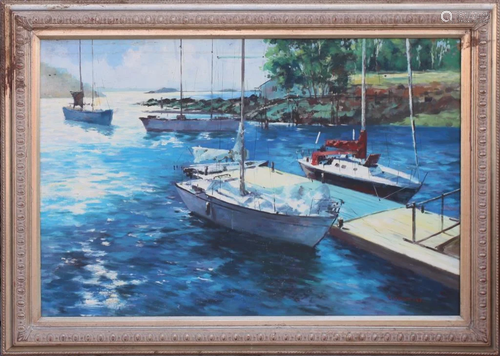 FRAMED OIL PAINTING OF BOATS