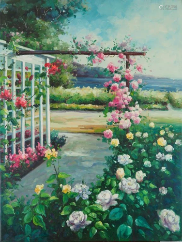 OIL ON CANVAS OF A VIEW OF A GARDEN