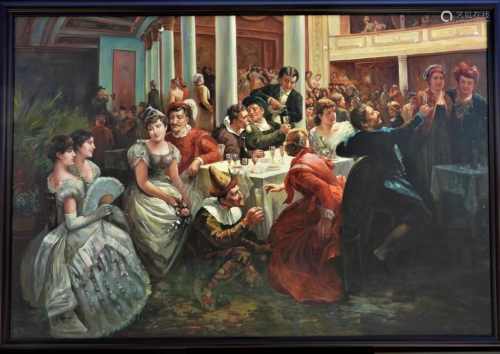 LARGE OIL PAINTING OF A SOIREE IN A THEATRE