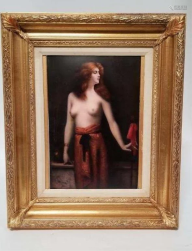 A GERMAN PORCELAIN PLAQUE, OF LADY IN A WRAP SKIRT