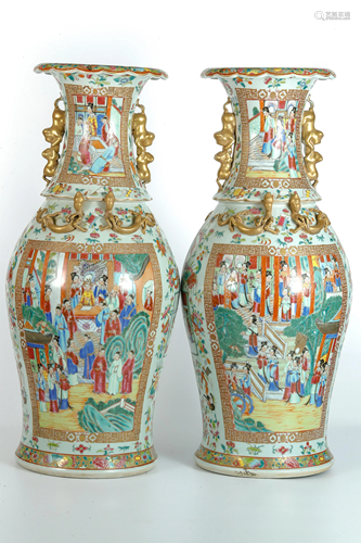 A Pair of A Canton Famille-Rose 'Figural' Vases