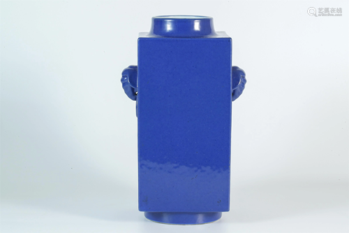 A Blue-glazed 'Elephant-handled' Quadrate Vase