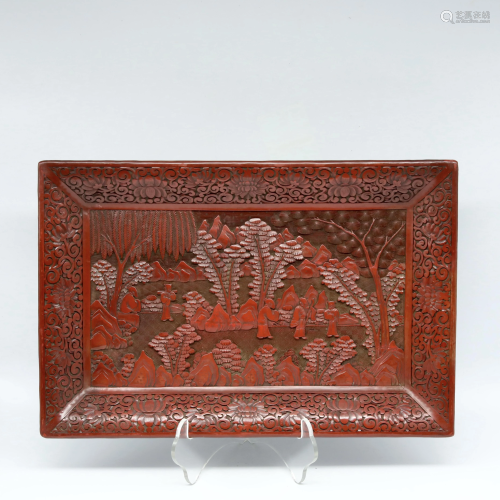 A Cinnabar Lacquer 'Figural' Dish with Four Corners