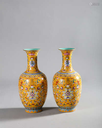 Qing-Jiaqing yellow ground famille rose flower vase with lon...