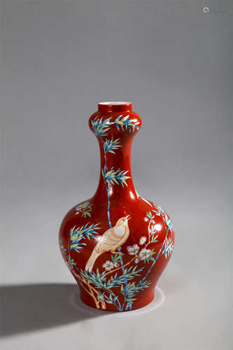 Qing-Yongzheng red ground enamel flower and bird garlic vase