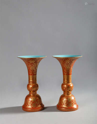 Qing Dynasty-Golden Flower Goblets on Red Ground (A Pair)