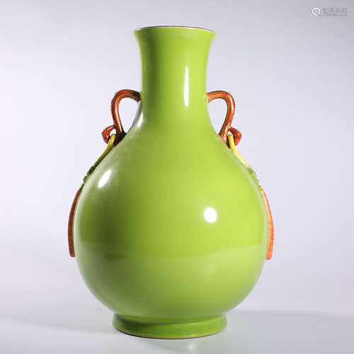 Qing Dynasty-Qianlong Green Glazed Double Ear Vase