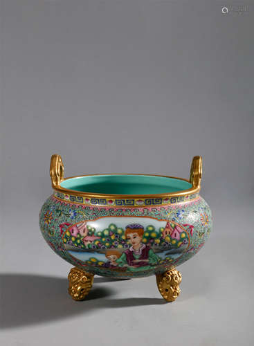 Qing Dynasty-Jiaqing Enamel Window Figure Incense Burner