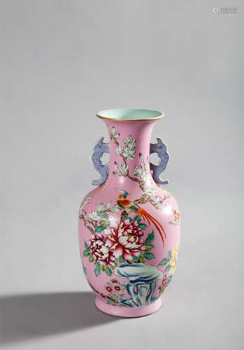 Qing Dynasty-Qianlong red ground famille rose flower and bir...