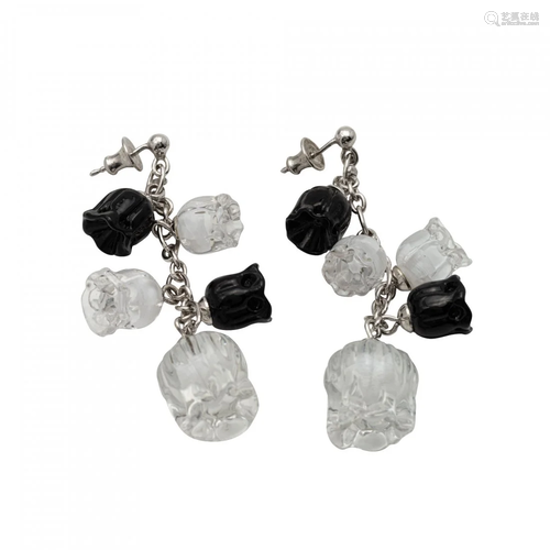 Lalique Black and White Crystal and Silver Earrings