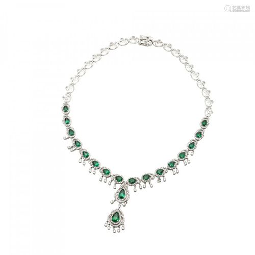 Platinum Emerald and Diamond Necklace