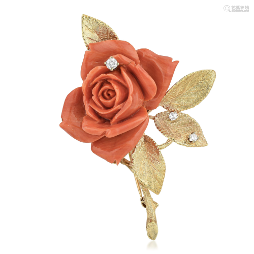 Coral Rose and Diamond Brooch