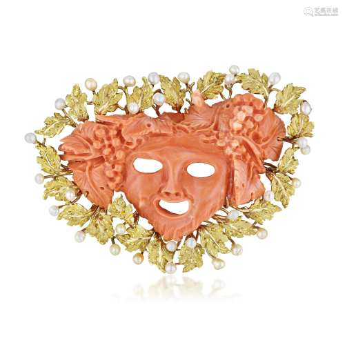Buccellati Carved Coral Bacchus Head and Seed Pearl