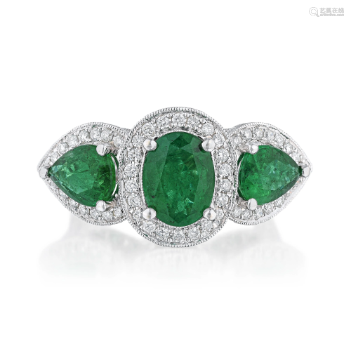 Three-Stone Emerald and Diamond Halo Ring
