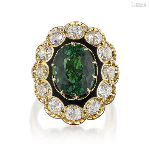 Green Tourmaline and Old Mine-Cut Diamond Ring