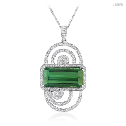 Large Green Tourmaline and Diamond Pendant Necklace