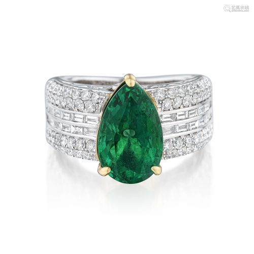Pear-Shaped Emerald and Triple Diamond Row Ring