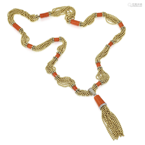 Gold Bean Coral and Diamond Tassel Long Necklace,