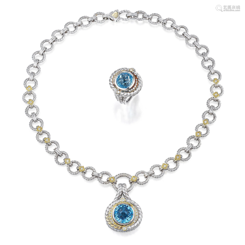 Topaz and Diamond Cable-Style Necklace and Ring Set