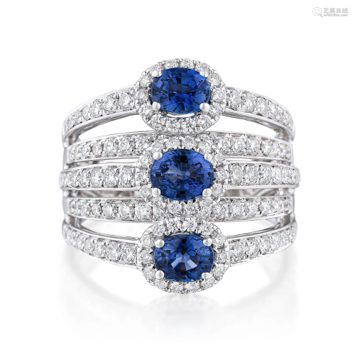 Sapphire and Diamond Multi-Row Ring