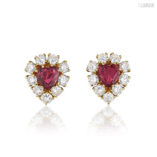 Heart-Shaped Ruby and Diamond Earrings