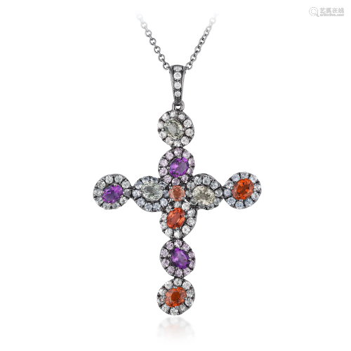 Colorful Multi-Gemstone and Diamond Cross Pendant