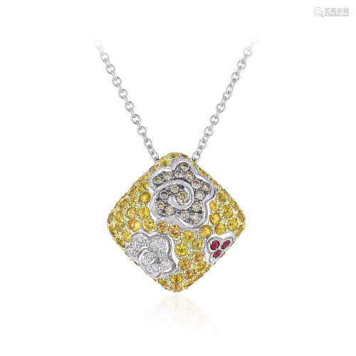 Colorful Sapphire and Diamond Pendant Necklace