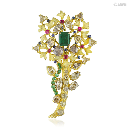 Multi-Colored Gemstone and Diamond Tree Brooch