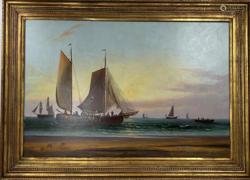 A Big Oil Painting Boats on the Ocean Signed