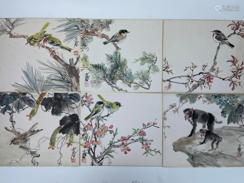 Monkeys and Bird Set of 6 Album Leaves by Wang Yachen