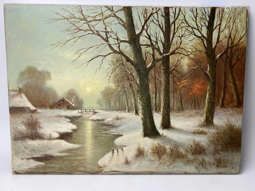 Wintery Stream w/ Cottages. H Verhaaf