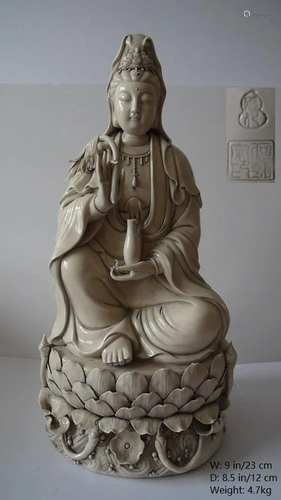 CHINESE ANTIQUE DE BLANC LARG PORCELA BUDDHA GUAN YIN