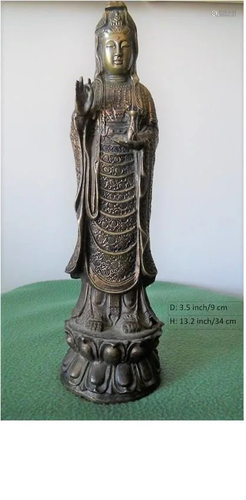 CHINESE ANTIQUE BRONZE STANDING BUDDHA GUAN YIN STA…