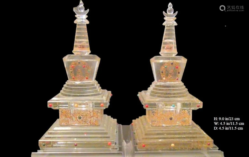 Paire of Chinese Antique Buddhist Cristal Glass Tower