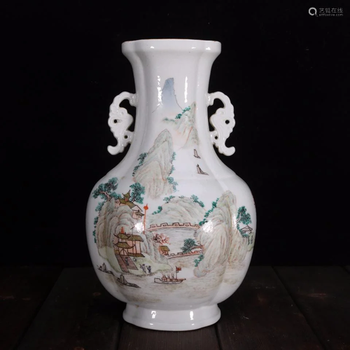 Shallow Crimson Colored Mountain Painting Vase