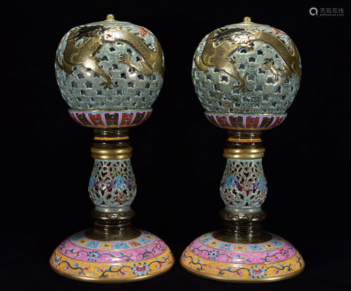 A gilt enamel carved dragon pattern hollow