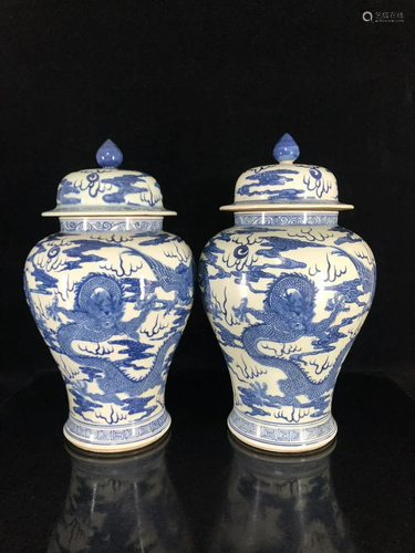 Qing Dynasty, a pair of blue and white dragon and