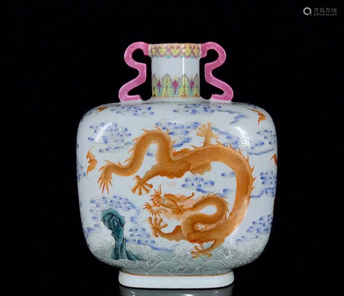 Qing Dynasty Qianlong enamel flat vase with gold dragon