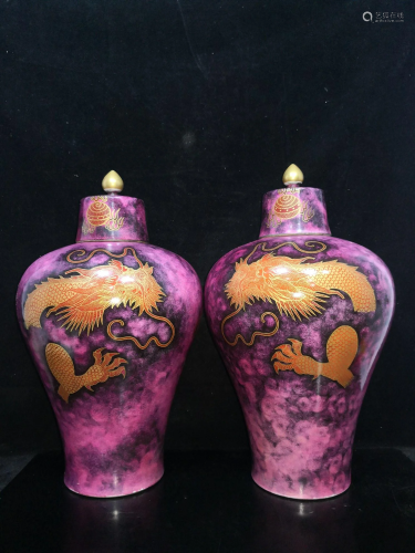 A pair of enamel vases with golden mist and cloud