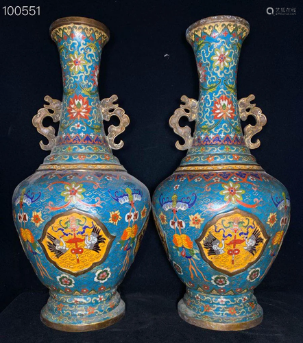 A pair of Daqing filigree cloisonne beast ear vases, 50