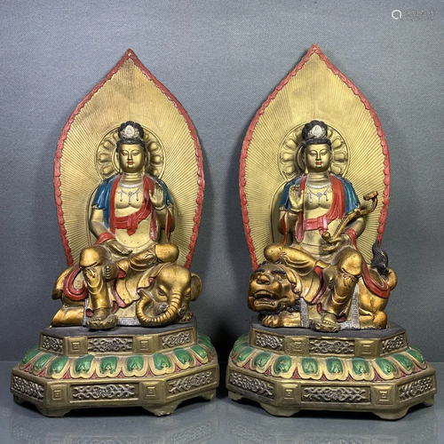 Pure Copper Painted Pair of Manjusri Samantabhadra