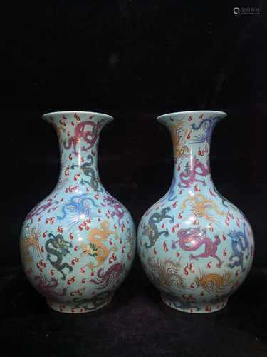 A pair of Qing Dys Famille rose dragon and phoenix