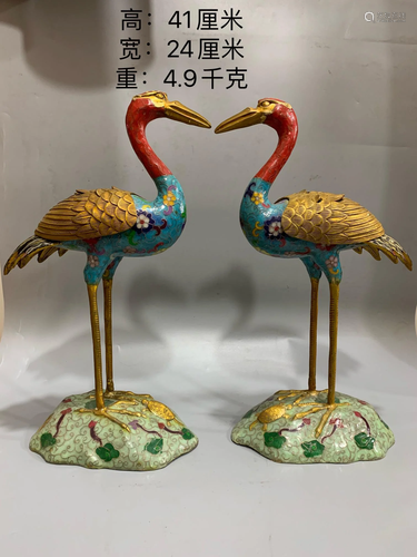 A pair of cloisonne cloisonne enamel crane incense