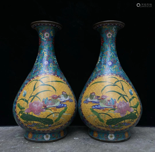 Cloisonne pure copper filigree mandarin duck vase,